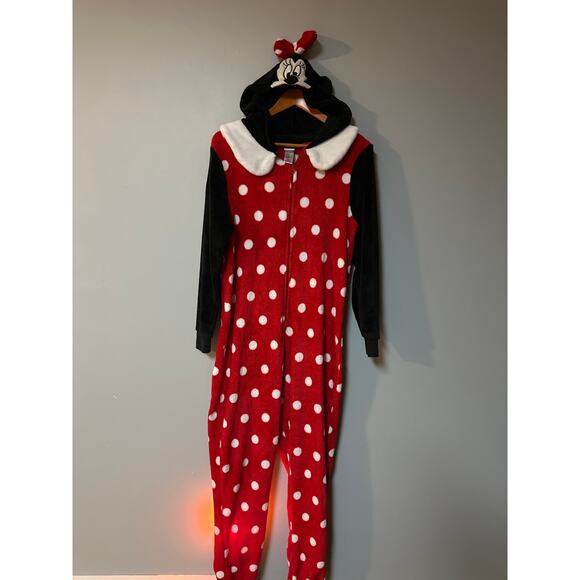 Disney Minnie Mouse Fleece Onesie Pajamas Women’s XL Red Polka Dot Hooded - Picture 1 of 7